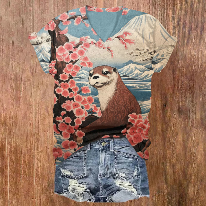Japanese Style Otter With Flowers Print T-shirt - Multicolor - US32-34(5XL) - image 1
