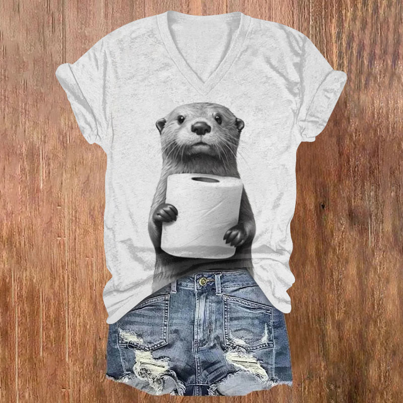 Funny Otter Holding Paper Print T-shirt - Light Gray - US32-34(5XL) - image 1
