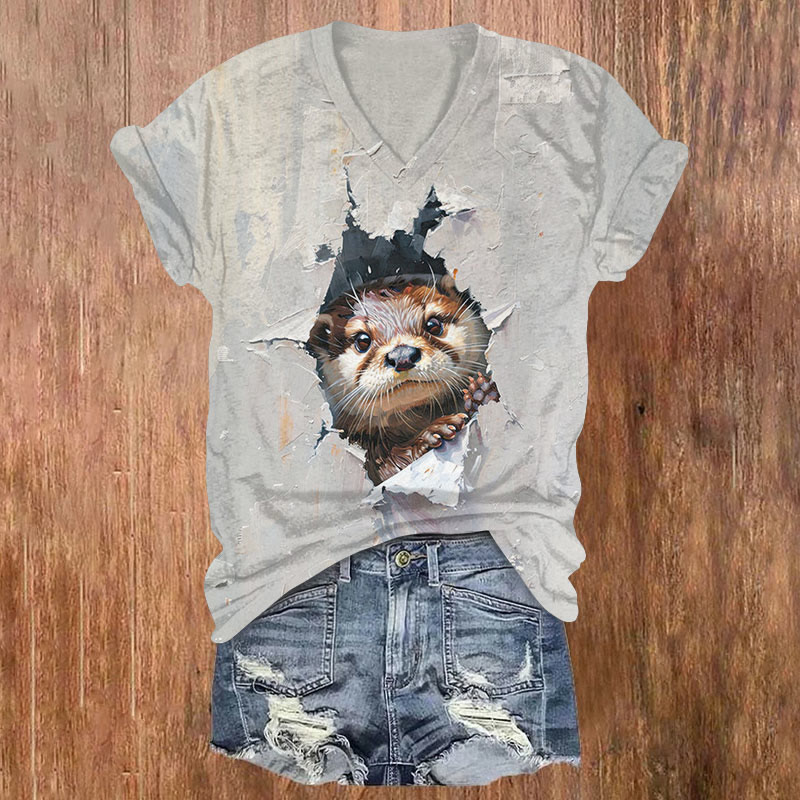 Ripped Paper Peekaboo Otter Print T-shirt - Grey - US32-34(5XL) - image 1