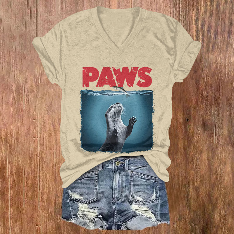 Humorous "PAWS" Otter Graphic Print T-shirt - Khaki - US32-34(5XL) - image 1