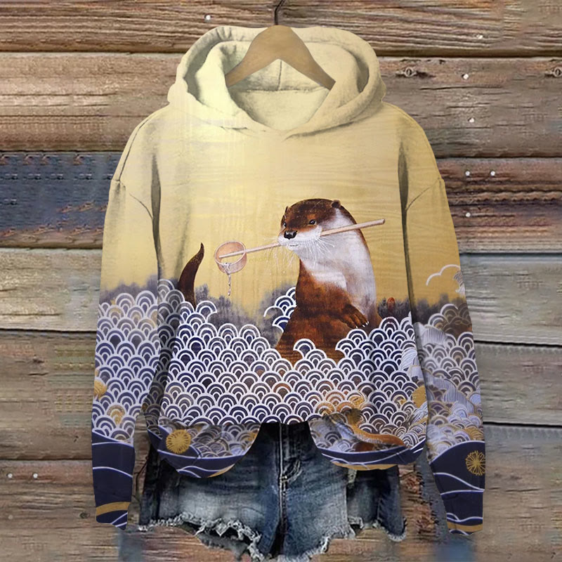 Fun Otter Art Print Long Sleeve Hoodie - Khaki - US44-46(8XL) - image 1
