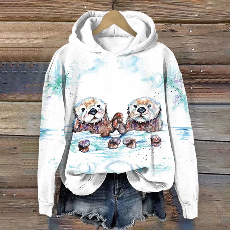 Otter Watercolor Print Long Sleeve Hoodie - White - US44-46(8XL) - image 1