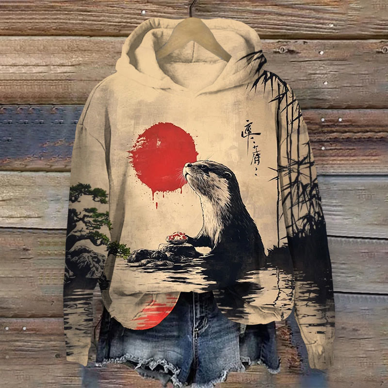 Vintage Japanese Otter Print Long Sleeve Hoodie - Khaki - US44-46(8XL) - image 1