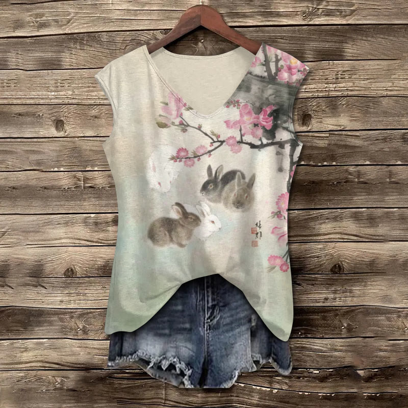 Sakura Cute Rabbit Print V Neck Casual Tank Top - Apricot - 5XL - image 1
