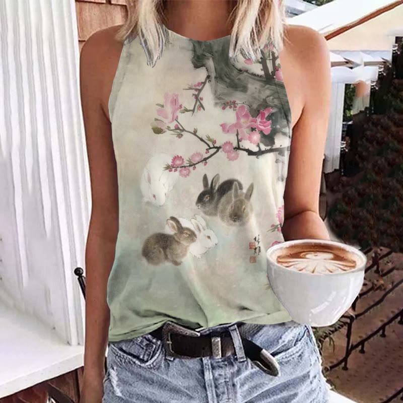 Sakura Cute Rabbit Print Crew Neck Tank Top - Apricot - 5XL - image 1