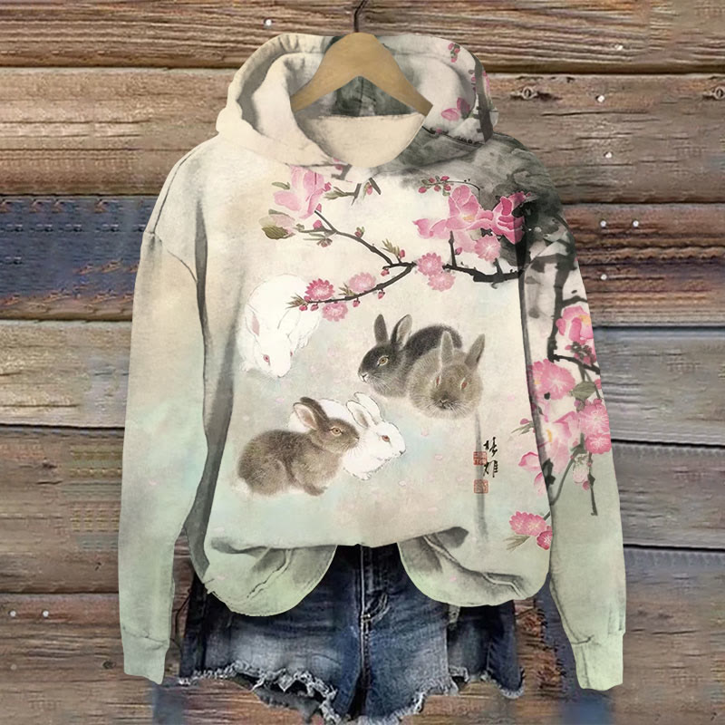 Sakura Cute Rabbit Print Long Sleeve Hoodie - Apricot - US44-46(8XL) - image 1