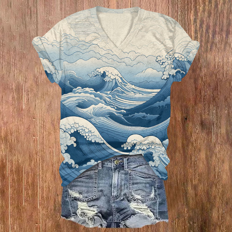 Women's Vintage Ocean Wave Art Printed V-neck T-shirt - Blue - US32-34(5XL) - image 1