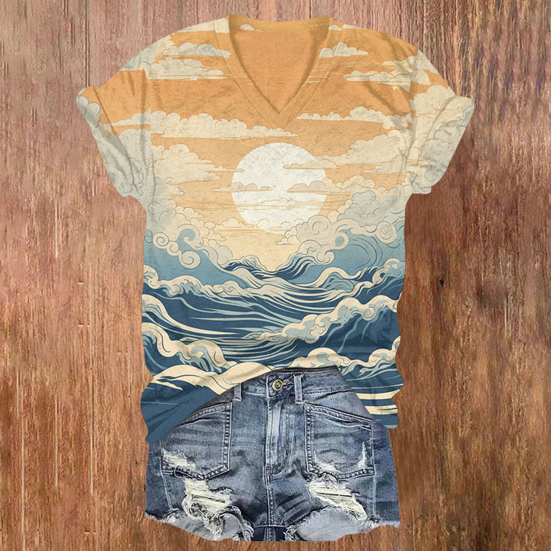 Women's Retro Ocean Wave & Sunset Printed V-neck T-shirt - Blue - US32-34(5XL) - image 1