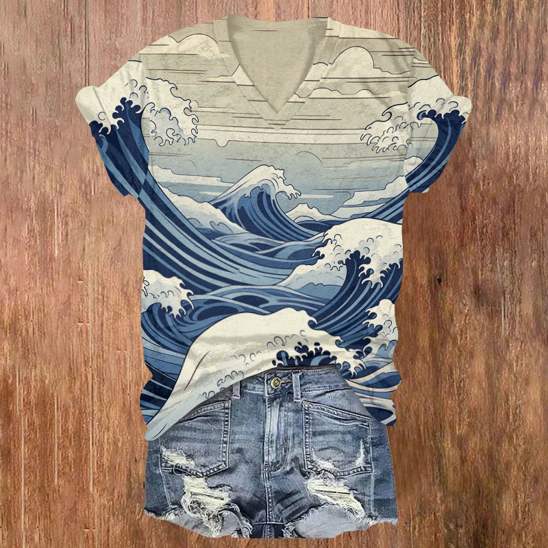 Women's Japanese Wave & Clouds Art Printed V-neck T-shirt - Blue - US32-34(5XL) - image 1