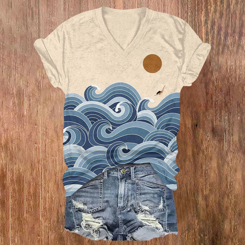 Women's Japanese Abstract Wave & Sun Printed V-neck T-shirt - Blue - US32-34(5XL) - image 1