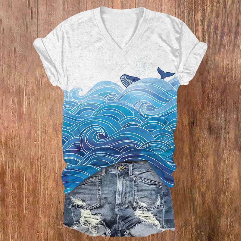 Women's Japanese Whale & Ocean Wave Printed V-neck T-shirt - Blue - US32-34(5XL) - image 1