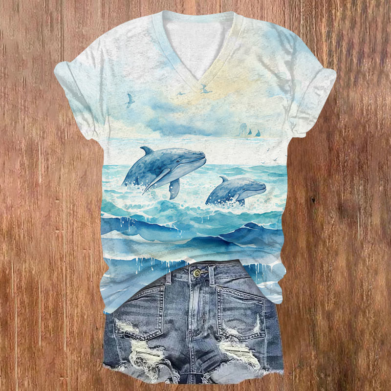 Women's Lovely Dolphin In The Sea Printed V-neck T-shirt - Lake Blue - US32-34(5XL) - image 1
