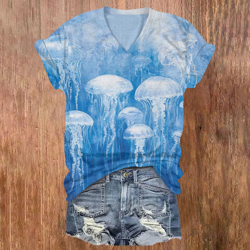 Women's Vivid Jellyfish Art Printed V-neck T-shirt - Blue - US32-34(5XL) - image 1
