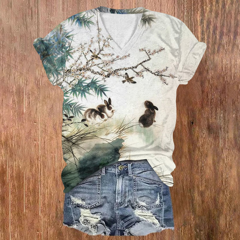 Rabbit And Flower Ink Art Print T-shirt - Beige - US32-34(5XL) - image 1