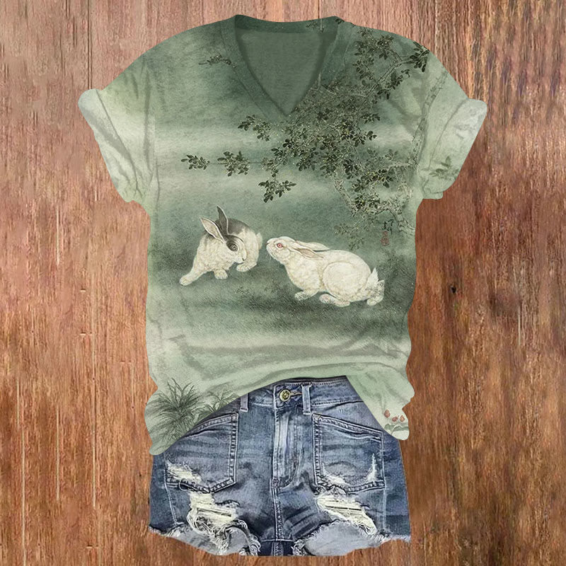 Ink Painting Rabbit Art Print T-shirt - Green - US32-34(5XL) - image 1