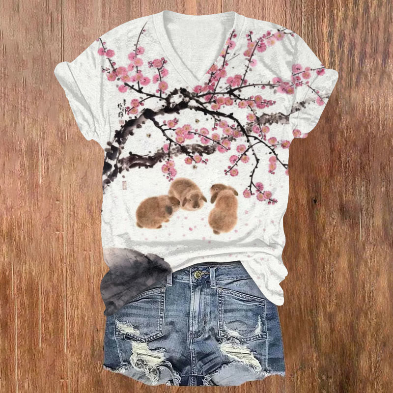 Ink Plum Blossom Rabbit Print T-shirt - White - US32-34(5XL) - image 1