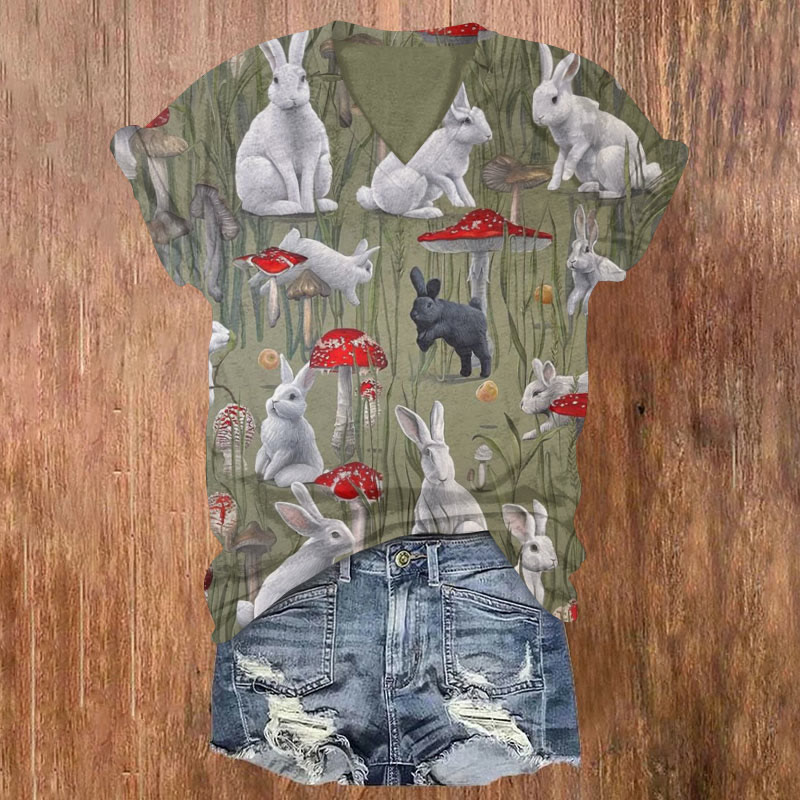 Easter Bunny Mushrooms Print T-shirt - Multicolor - US32-34(5XL) - image 1