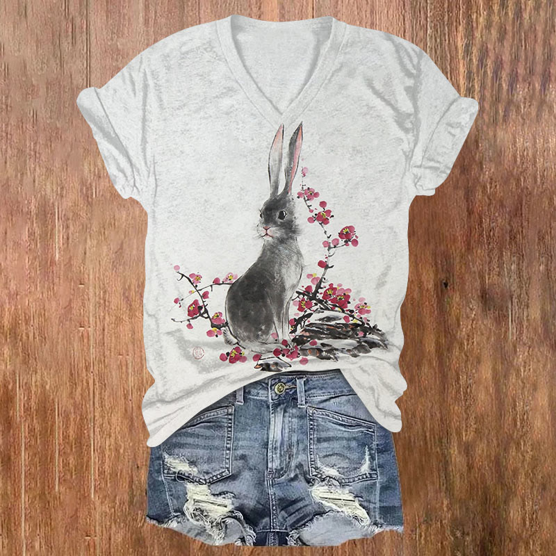 Retro Rabbit And Plum Blossom Ink Print T-shirt - Light Gray - US32-34(5XL) - image 1