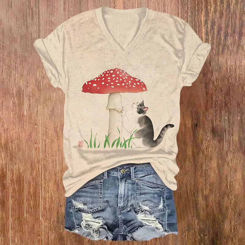 Fun Japanese Mushrooms And Cats Print T-shirt - Apricot - US32-34(5XL) - image 1