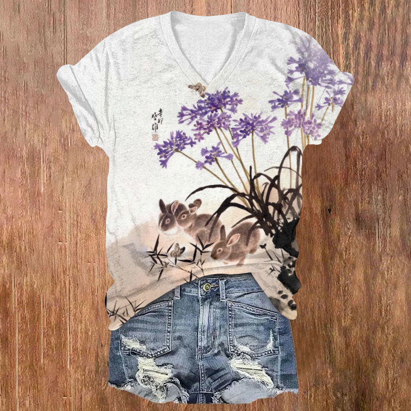 Japanese Style Rabbit And Flowers Print T-shirt - Multicolor - US32-34(5XL) - image 1