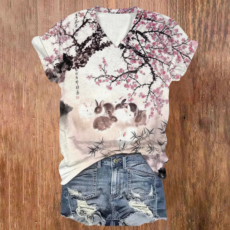 Flowers And Rabbit Art Print T-shirt - Multicolor - US32-34(5XL) - image 1