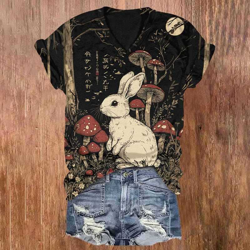 Japanese Mushrooms And Rabbit Art Print T-shirt - Black - US32-34(5XL) - image 1