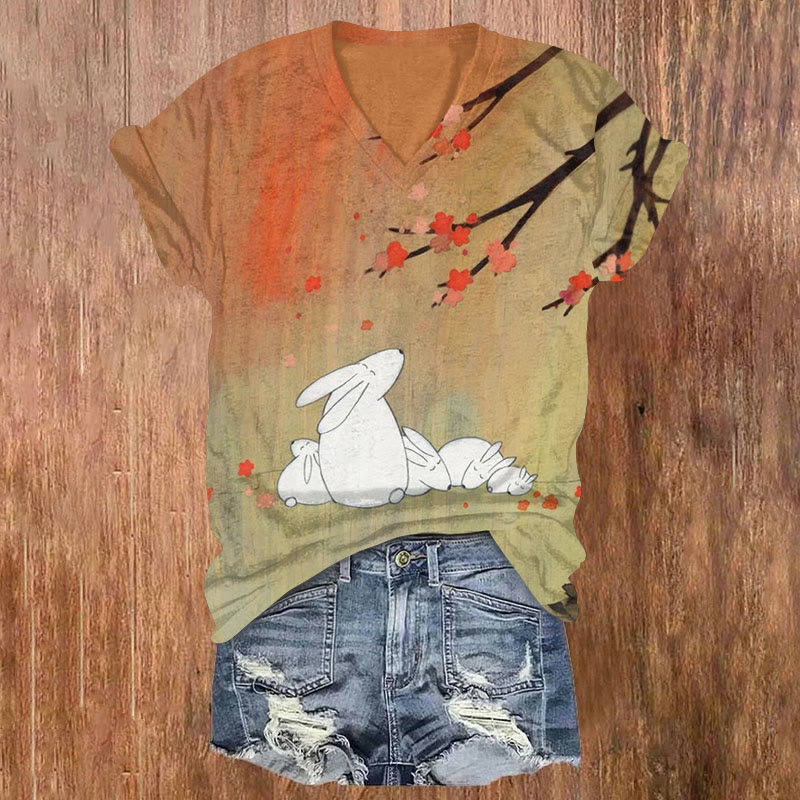 Rabbit Flower Illustration Art Print T-shirt - Khaki - US32-34(5XL) - image 1