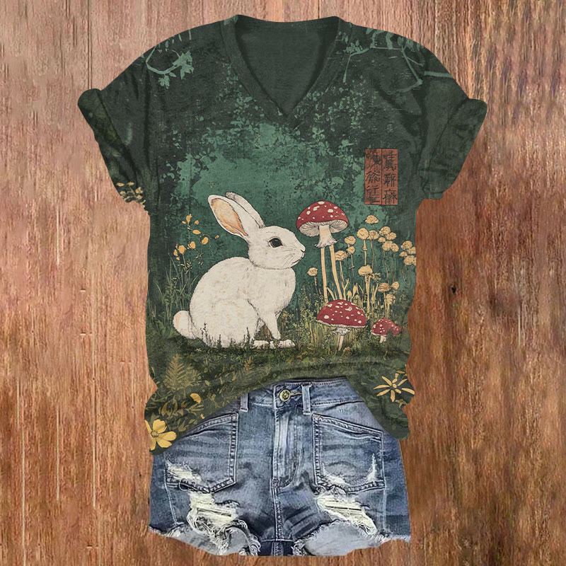 Easter Bunny Mushrooms Art Print T-shirt - Dark Green - US32-34(5XL) - image 1