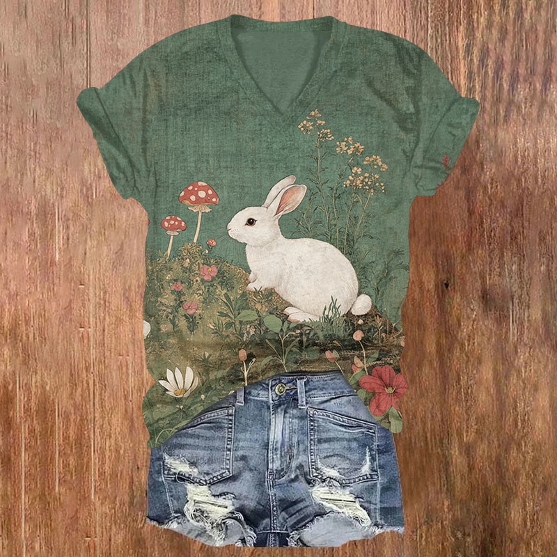 Easter Bunny Mushrooms Print T-shirt - Olive Green - US32-34(5XL) - image 1