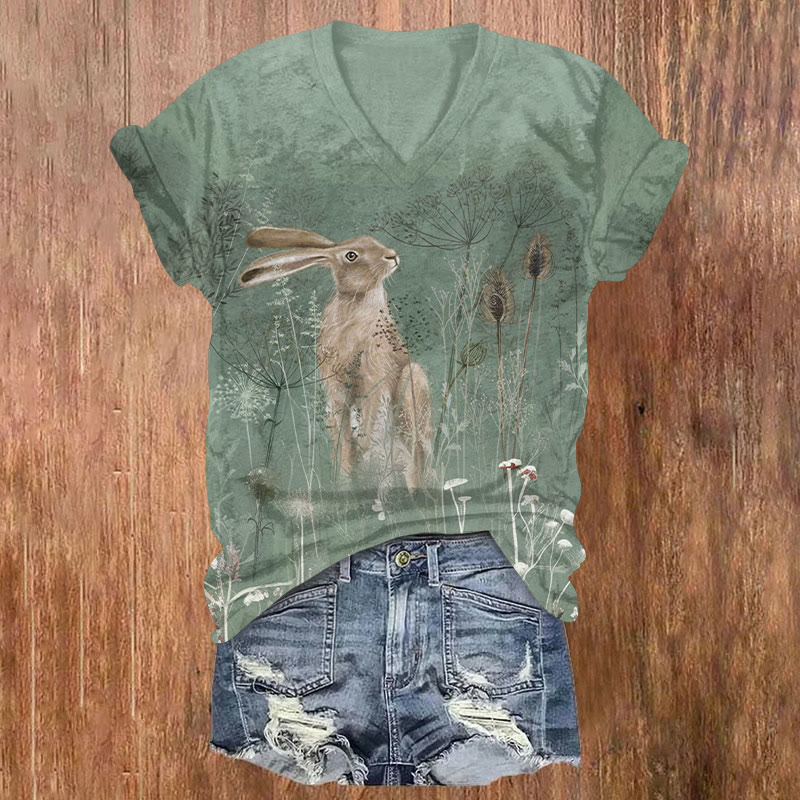 Easter Bunny Illustration Print T-shirt - Grey - US32-34(5XL) - image 1