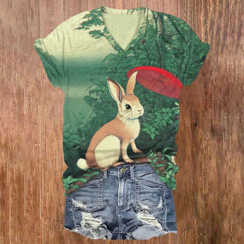 Retro Flowers And Rabbit Art Print T-shirt - Multicolor - US32-34(5XL) - image 1