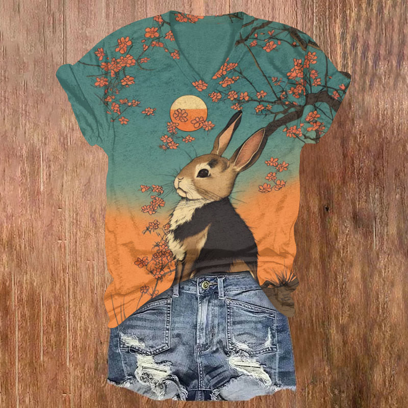 Retro Floral Bunny Print T-shirt - Multicolor - US32-34(5XL) - image 1