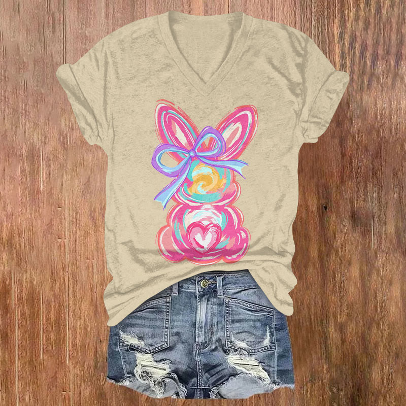 Painted Cute Rabbit Print T-shirt - Apricot - US32-34(5XL) - image 1