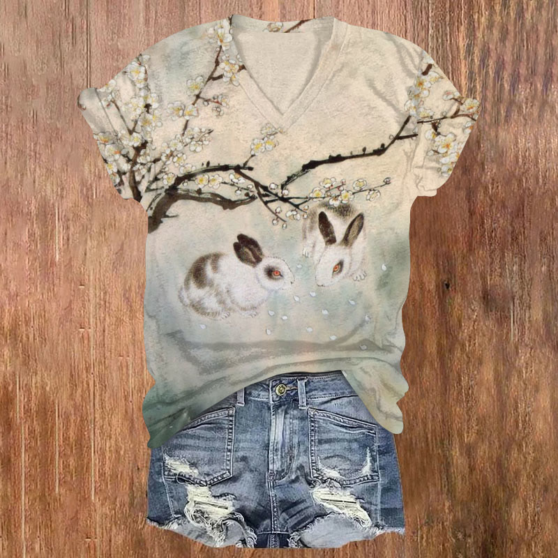 Sakura Tree And Rabbit Art Print T-shirt - Apricot - US32-34(5XL) - image 1