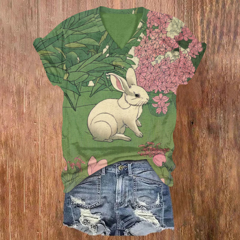 Garden Rabbit Art Print T-shirt - Green - US32-34(5XL) - image 1