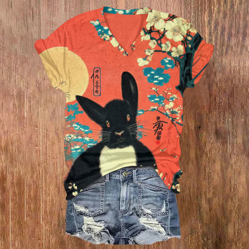 Japanese Style Black Rabbit And Flowers Print T-shirt - Multicolor - US32-34(5XL) - image 1