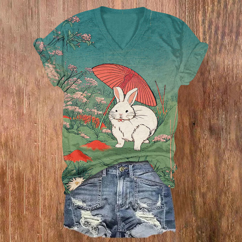 Red Mushroom Umbrella Rabbit Print T-shirt - Multicolor - US32-34(5XL) - image 1