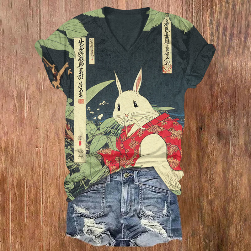 Retro Japanese Rabbit Print T-shirt - Multicolor - US32-34(5XL) - image 1