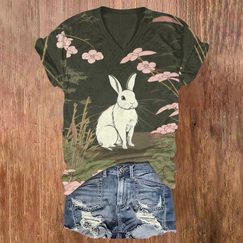 Easter Bunny Flowers Print T-shirt - Multicolor - US32-34(5XL) - image 1
