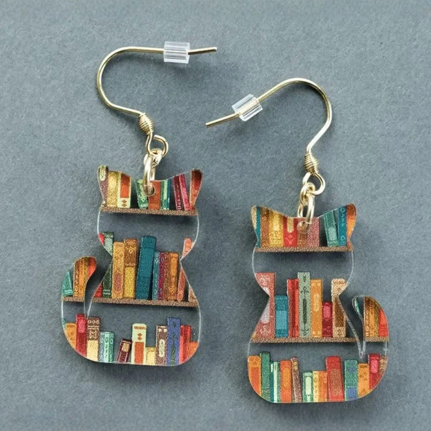 Cat Bookshelf Earrings - Golden - one size - image 1