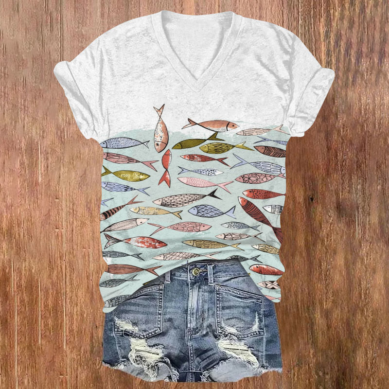 Painted Fish Pattern Print T-shirt - Light Gray - US32-34(5XL) - image 1