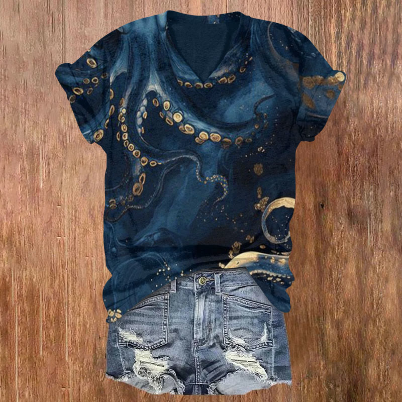 Deep Sea Octopus Art Print T-shirt - Dark Blue - US32-34(5XL) - image 1