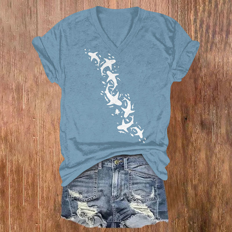  Simple Shark Art Print T-shirt - Blue - US32-34(5XL) - image 1