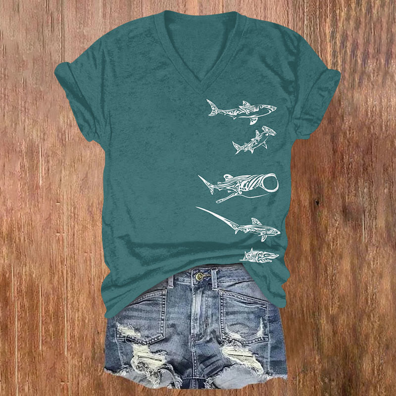 Ocean Shark Art Print T-shirt - Green - US32-34(5XL) - image 1