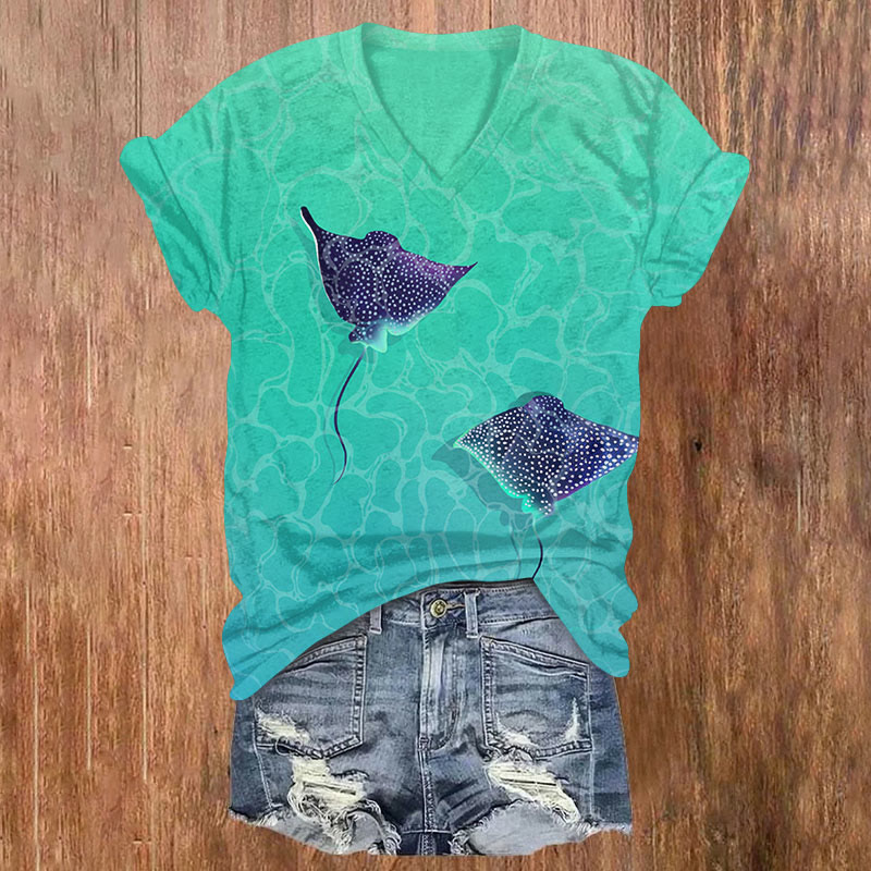 Manta Ray Art Print T-shirt - Lake Blue - US32-34(5XL) - image 1