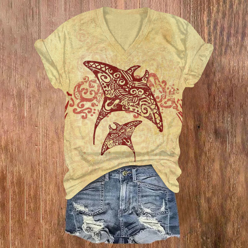 Japanese Ethnic Manta Ray Art Print T-shirt - Yellow - US32-34(5XL) - image 1