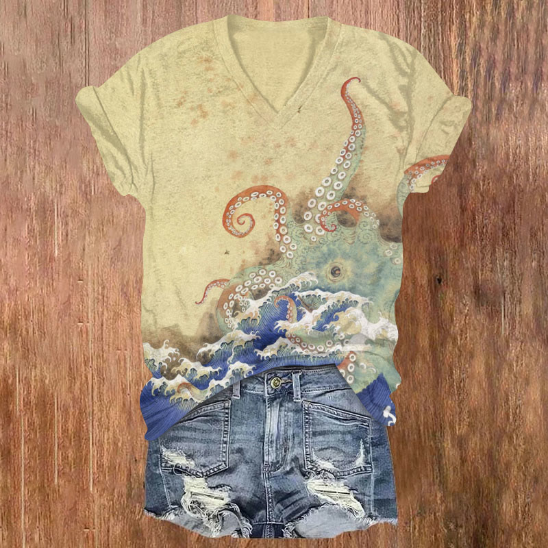 Octopus Waves Art Print T-shirt - Yellow - US32-34(5XL) - image 1
