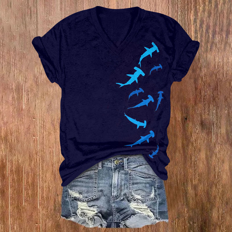 Minimalist Shark Art Print T-shirt - Navy Blue - US32-34(5XL) - image 1