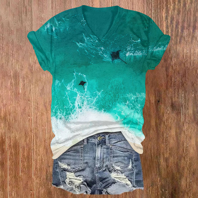 Ocean Manta Ray Art Print T-shirt - Green - US32-34(5XL) - image 1