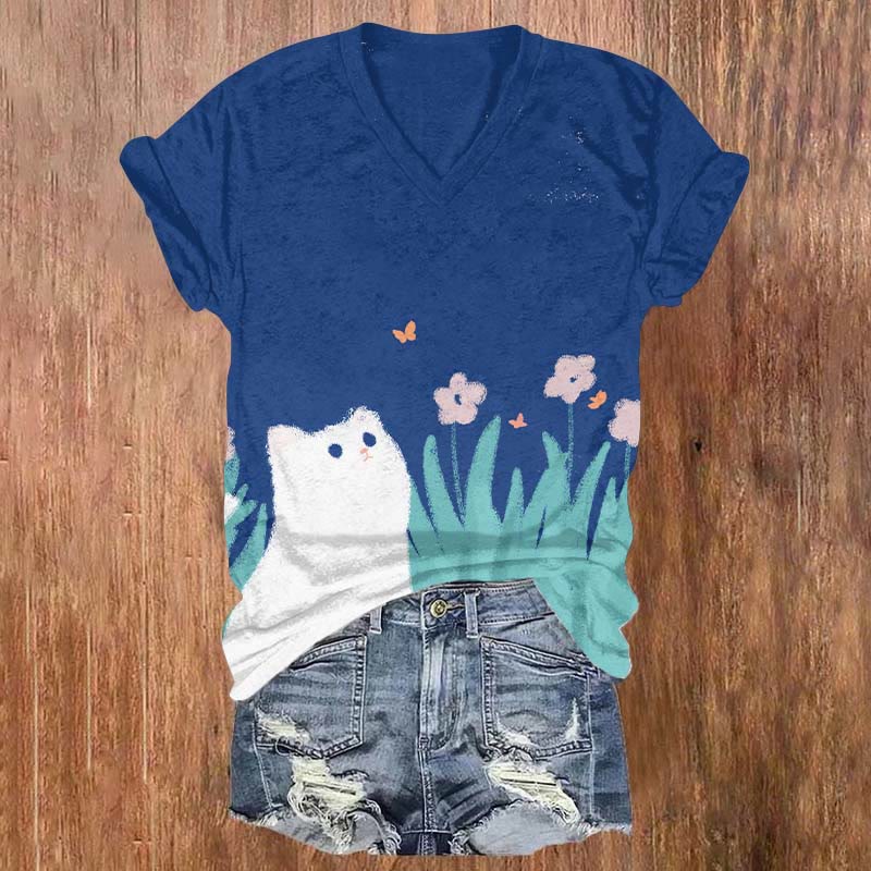 Cute Cat & Butterfly & Flowers Print T-shirt - Blue - US32-34(5XL) - image 1